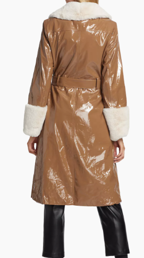 VEGAN LIQUID LEATHER TRENCH COAT WITH FUR TRIMS