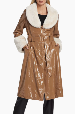 VEGAN LIQUID LEATHER TRENCH COAT WITH FUR TRIMS