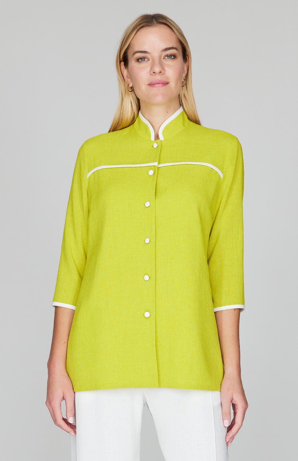 Microlinen Mandarin Collar Blouse w/ Bias Trim