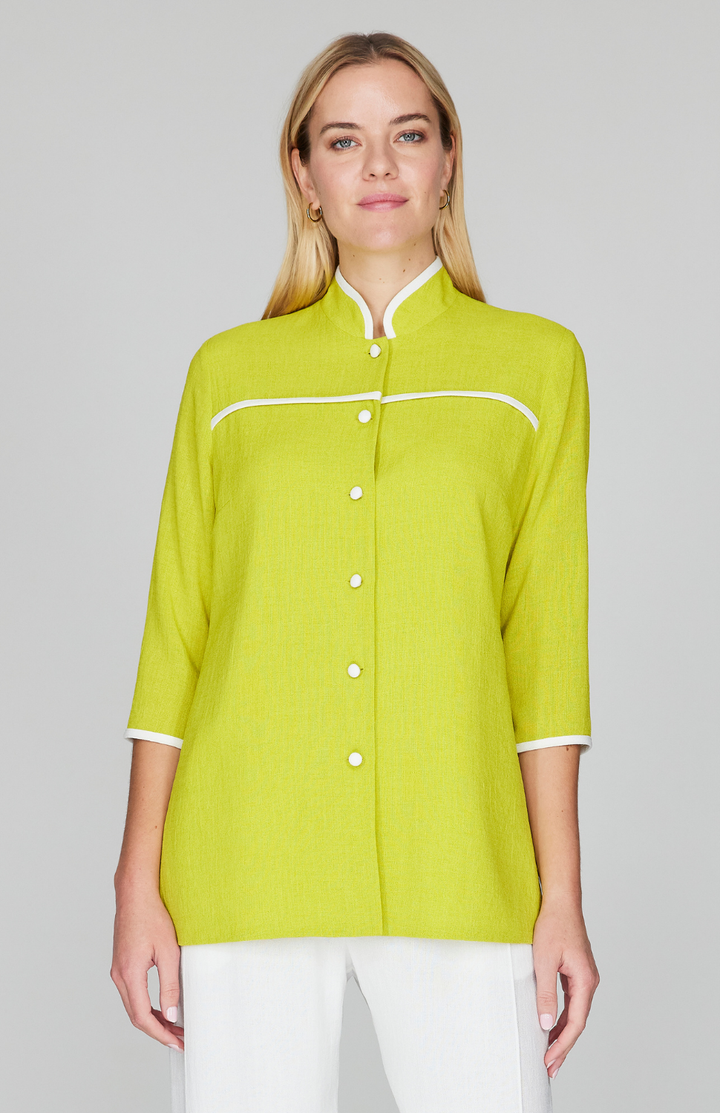 Microlinen Mandarin Collar Blouse w/ Bias Trim
