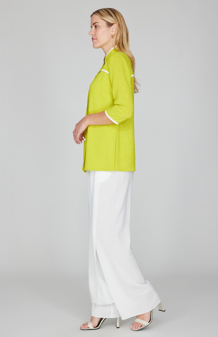 Microlinen Mandarin Collar Blouse w/ Bias Trim