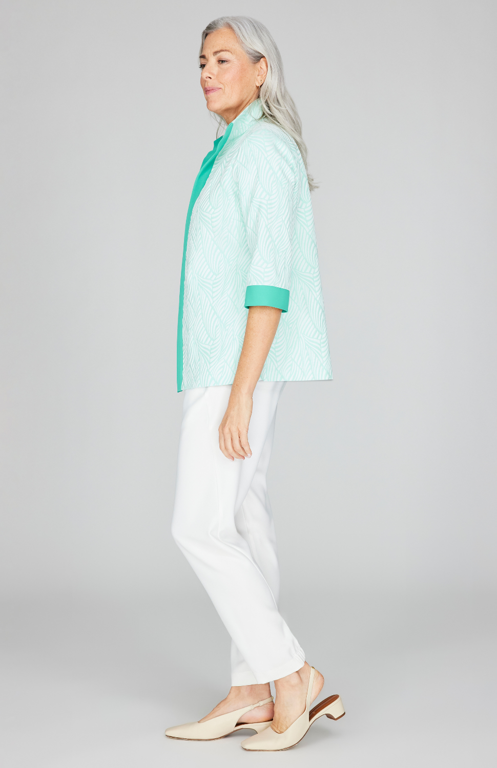 Tonal Botanic Stretch Jacquard Open Front High Neck Shirt Jacket