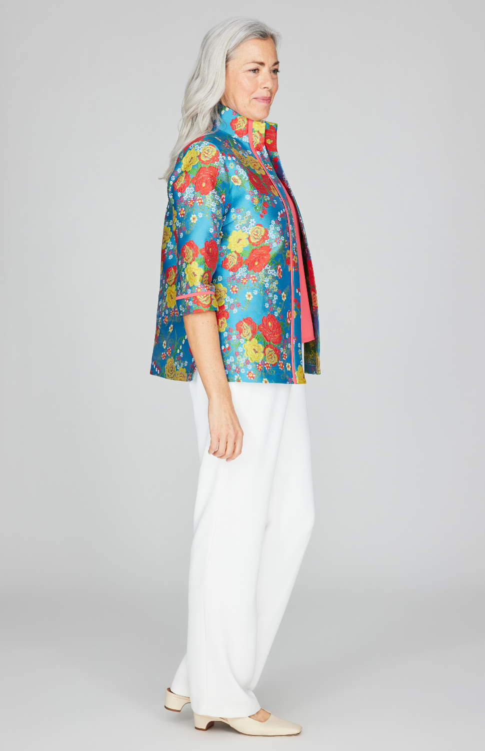 Summer Blooms Jacquard Open Front High Neck Shirt Jacket
