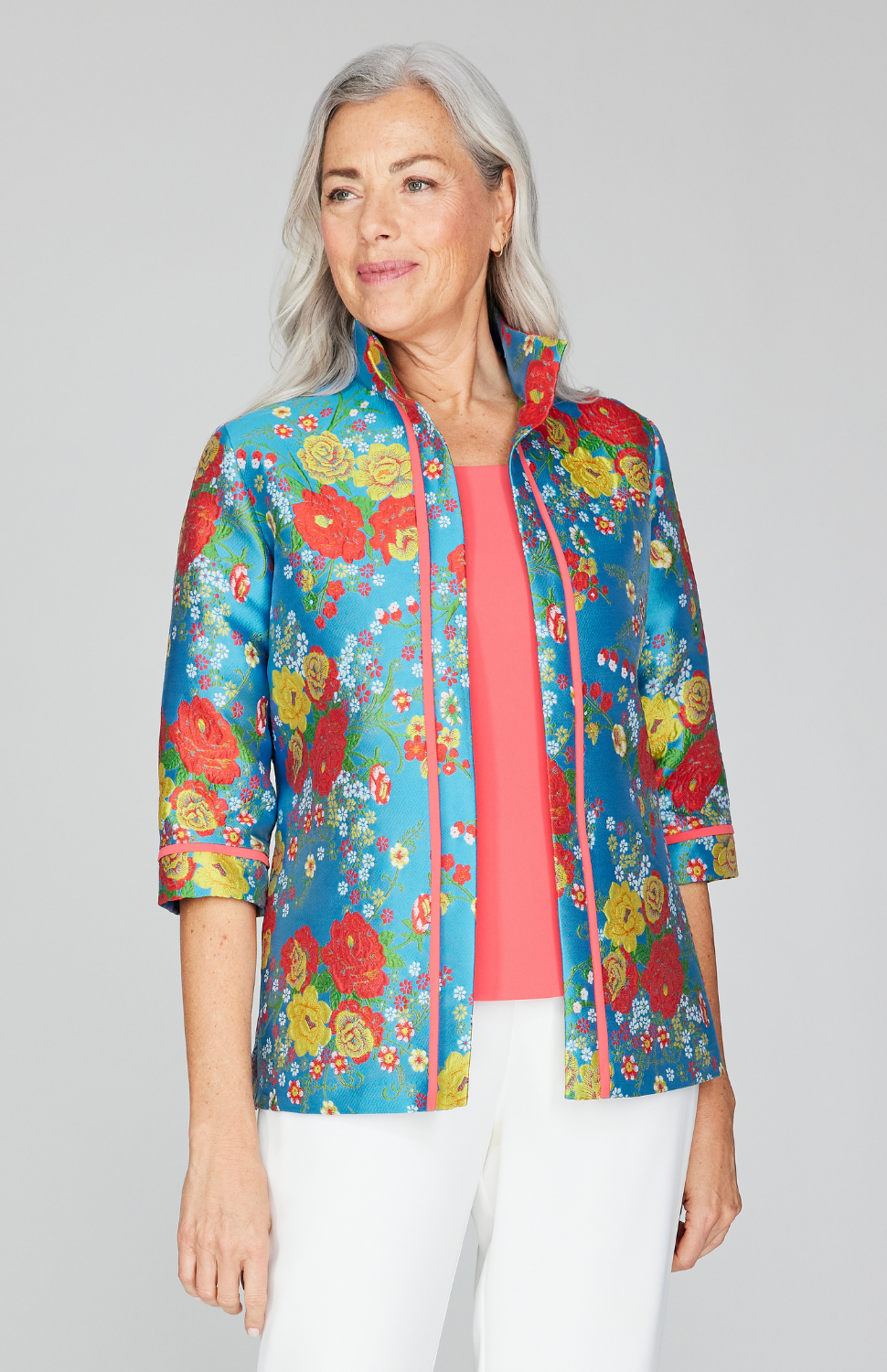 Summer Blooms Jacquard Open Front High Neck Shirt Jacket