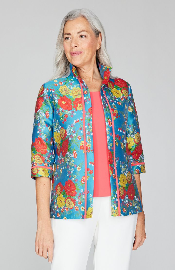 Summer Blooms Jacquard Open Front High Neck Shirt Jacket