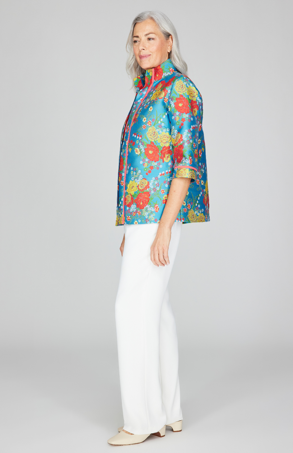 Summer Blooms Jacquard Open Front High Neck Shirt Jacket
