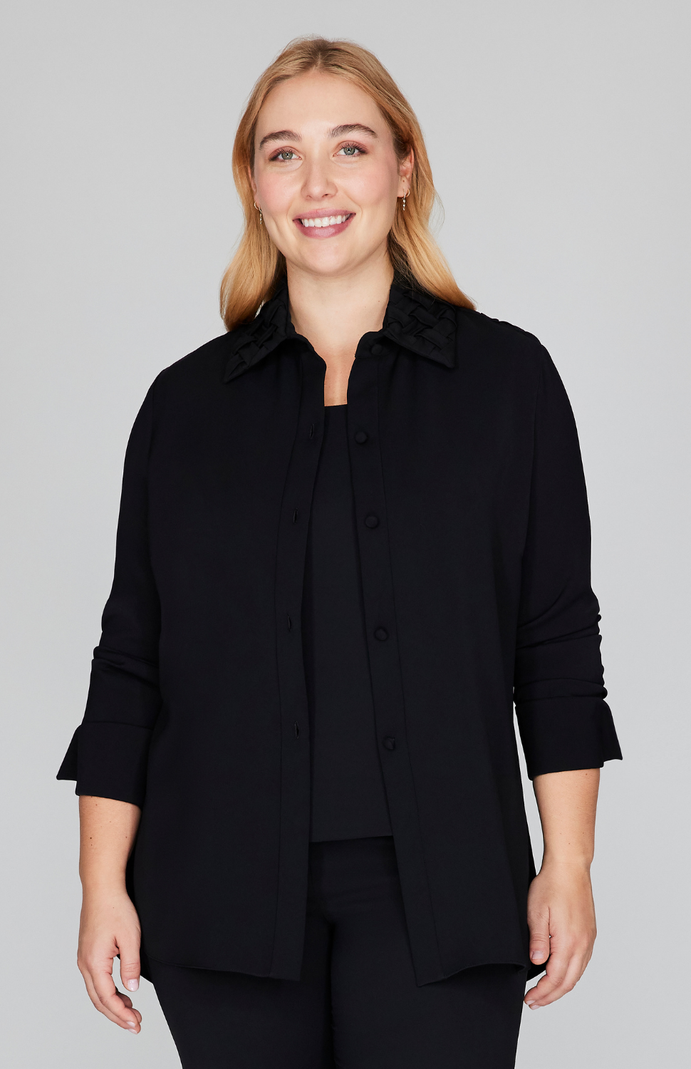 Lattice Smocking Collared Button Down Shirt