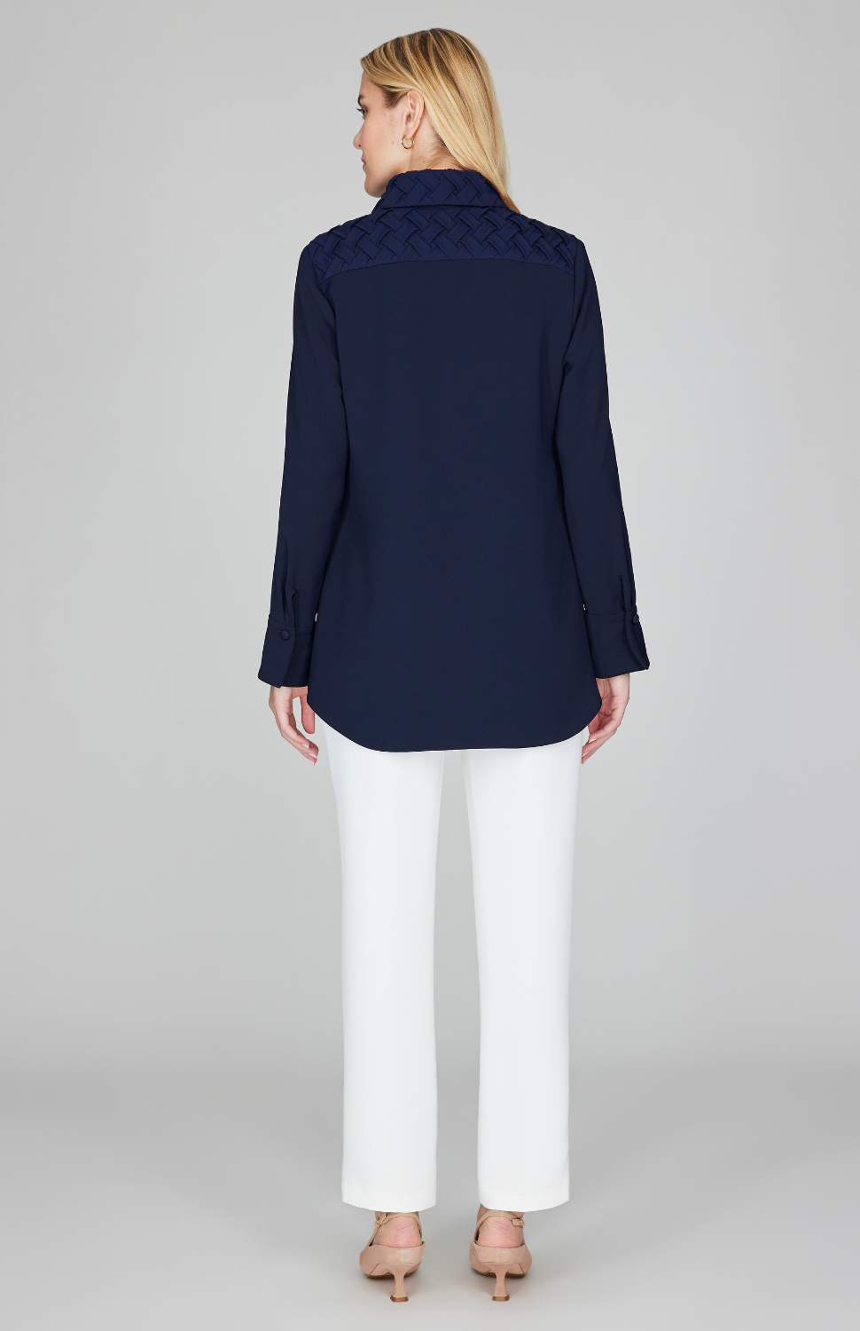 Lattice Smocking Collared Button Down Shirt