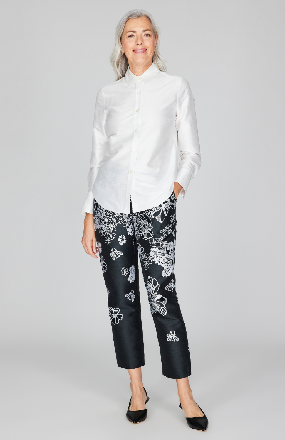Graphic Flora Jacquard Narrow Crop Pants w/ Pockets