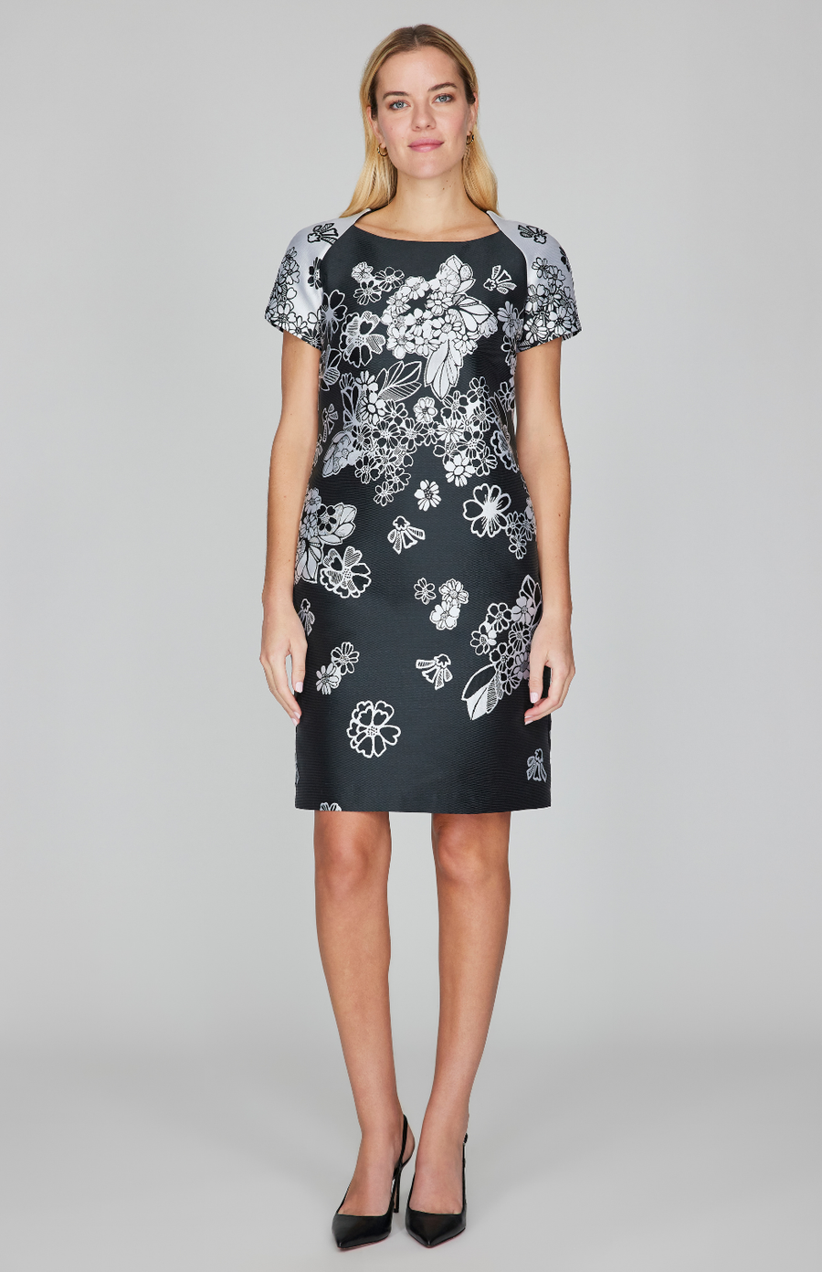 Graphic Flora Jacquard Sheath Dress w/ Contrast Cap Sleeve