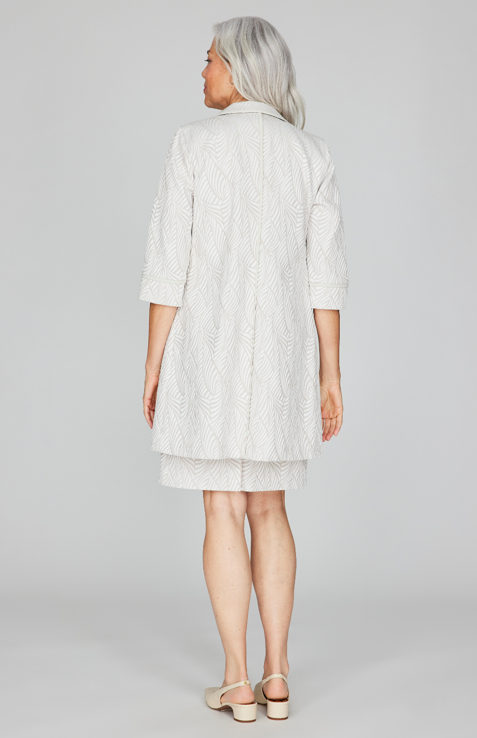 Tonal Botanic Stretch Jacquard Long Blazer w/ Bias Trim