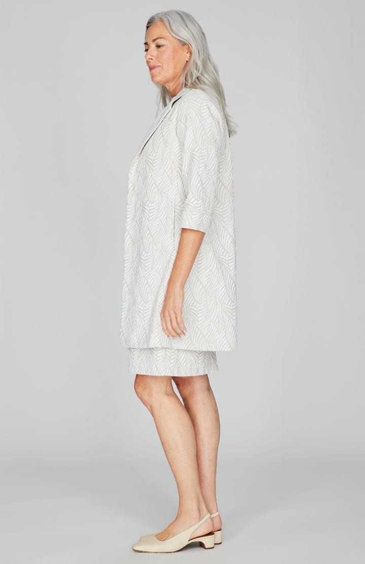 Tonal Botanic Stretch Jacquard Long Blazer w/ Bias Trim
