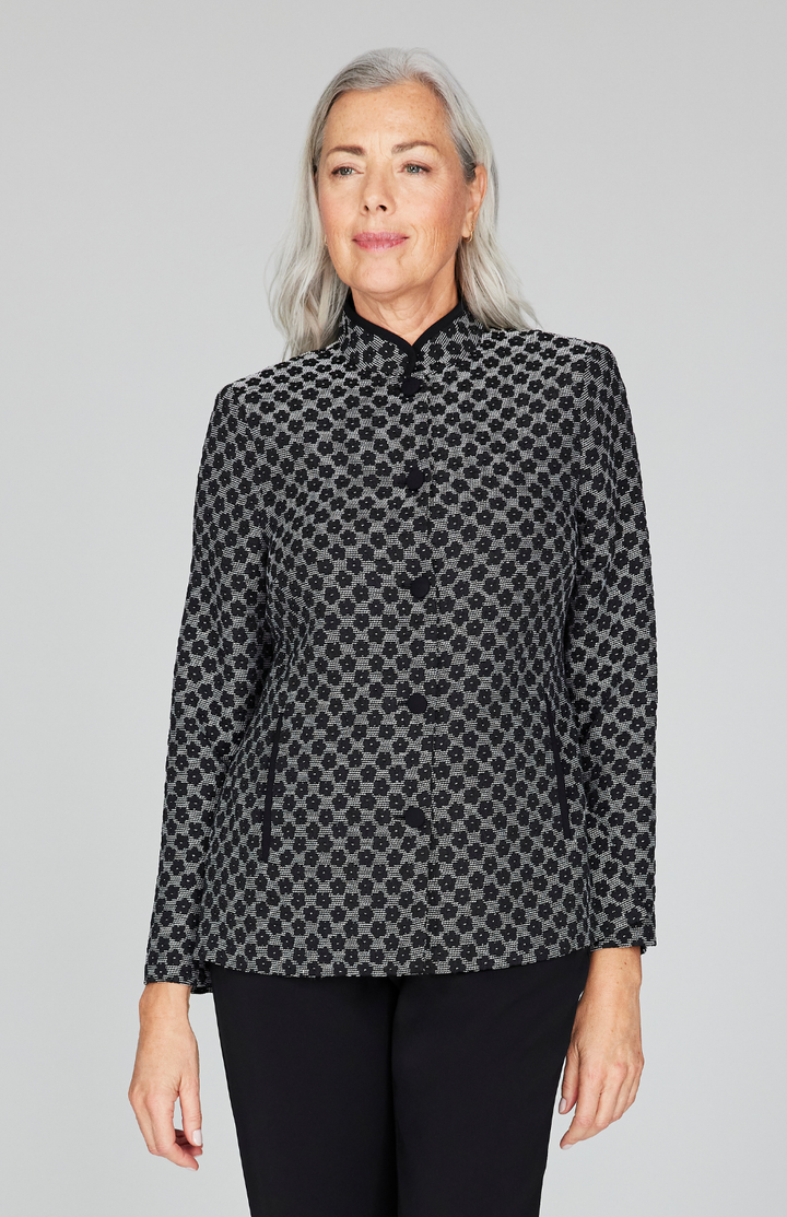 Textured Floral Jacquard Mandarin Collar Jacket