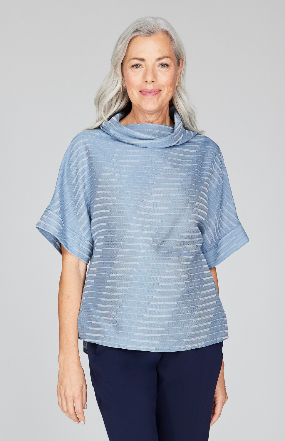 Diagonal Stripe Shirting Cowl Neck Tunic