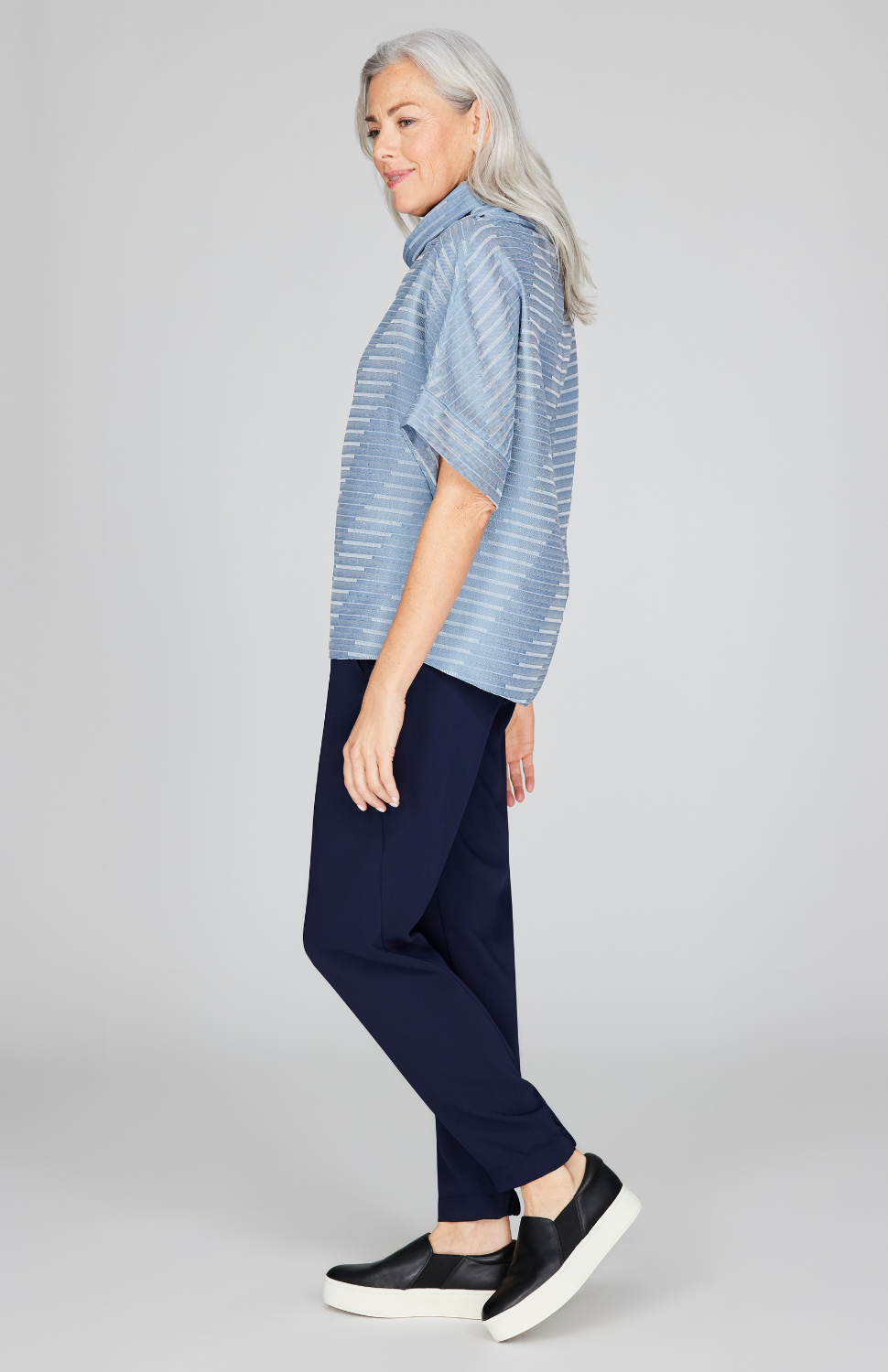 Diagonal Stripe Shirting Cowl Neck Tunic
