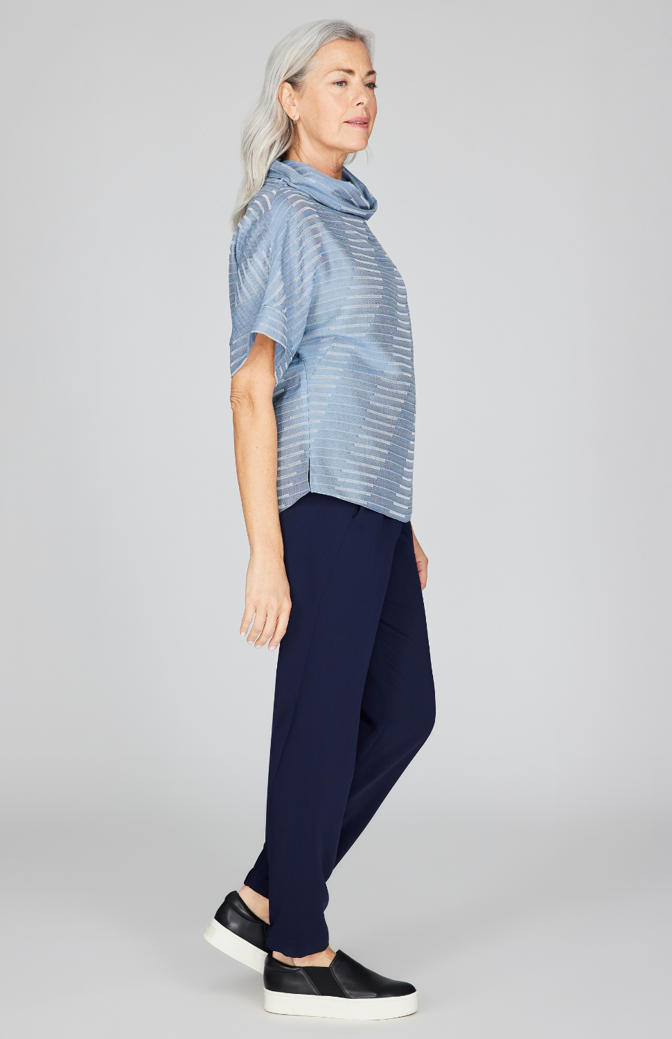 Diagonal Stripe Shirting Cowl Neck Tunic