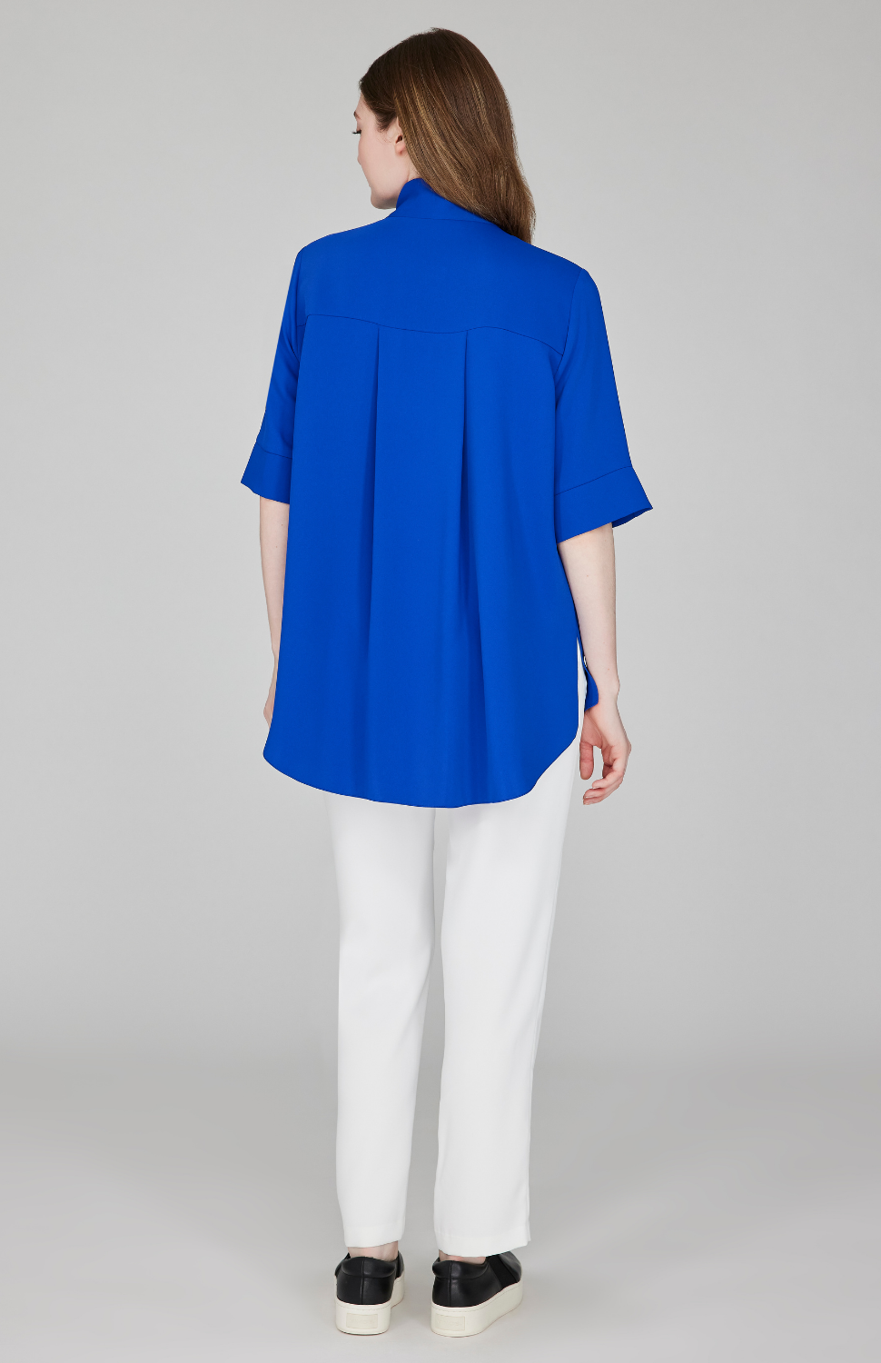 Lustrous Crepe Mandarin Collar Button Down Tunic