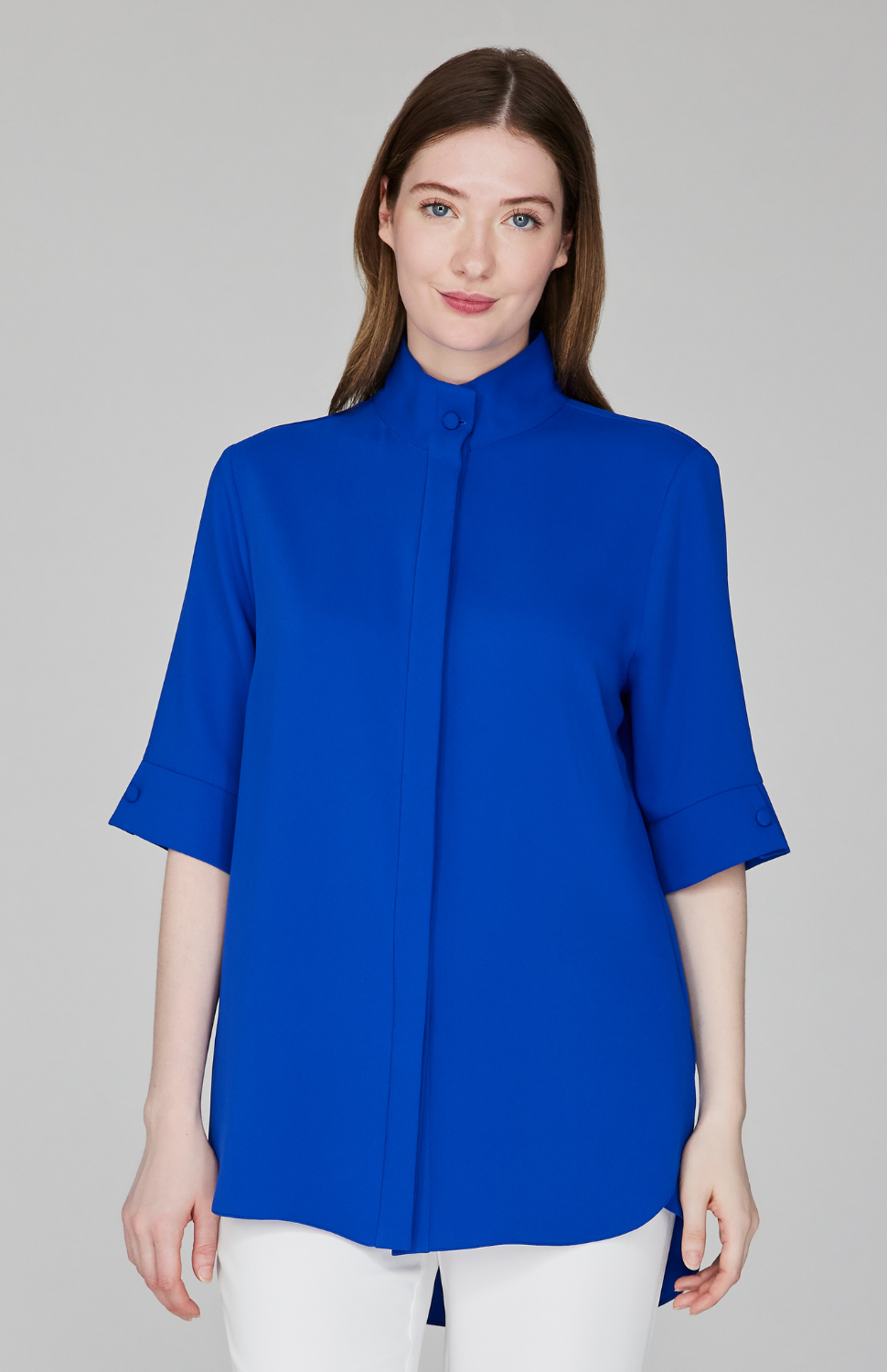 Lustrous Crepe Mandarin Collar Button Down Tunic