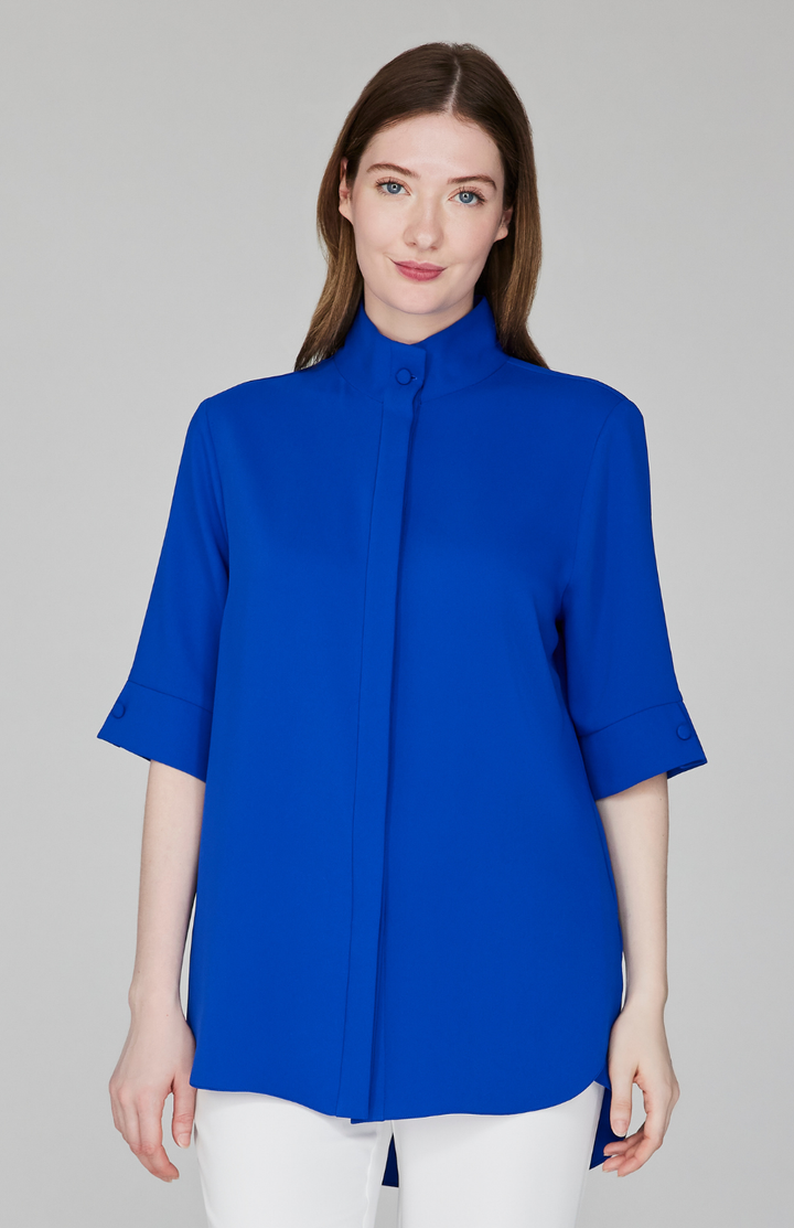 Lustrous Crepe Mandarin Collar Button Down Tunic