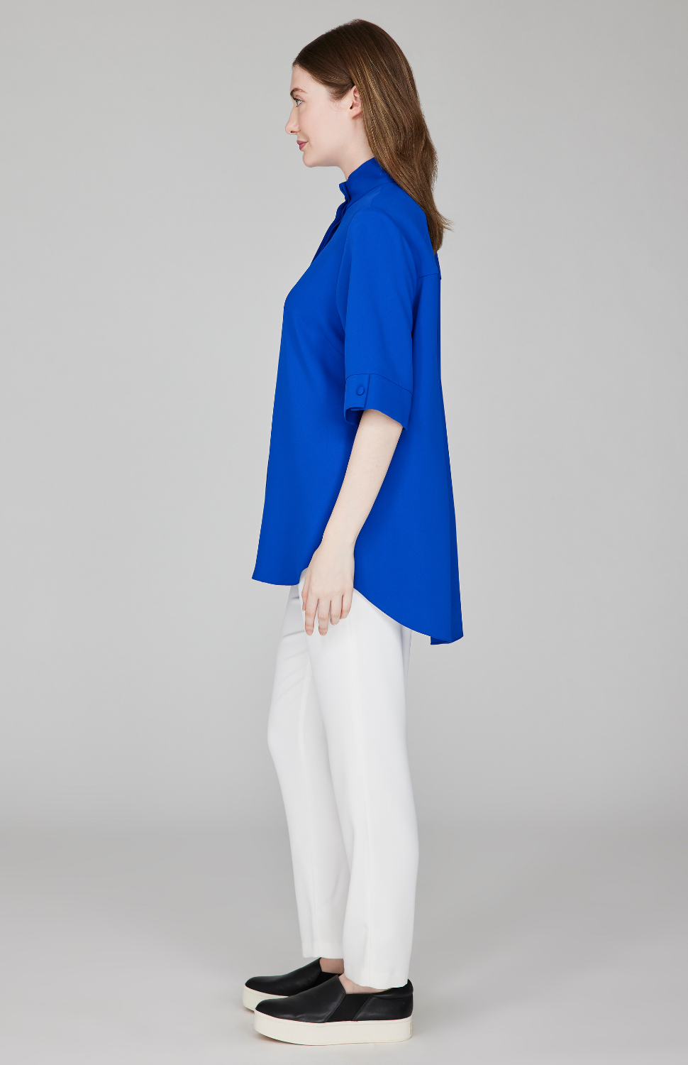 Lustrous Crepe Mandarin Collar Button Down Tunic