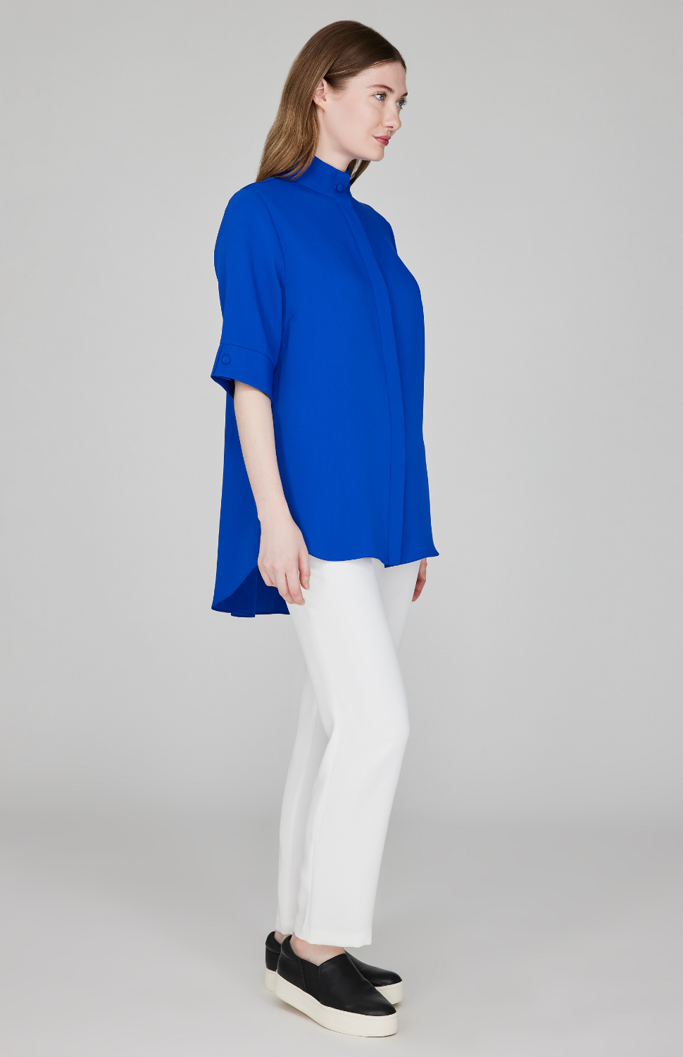 Lustrous Crepe Mandarin Collar Button Down Tunic
