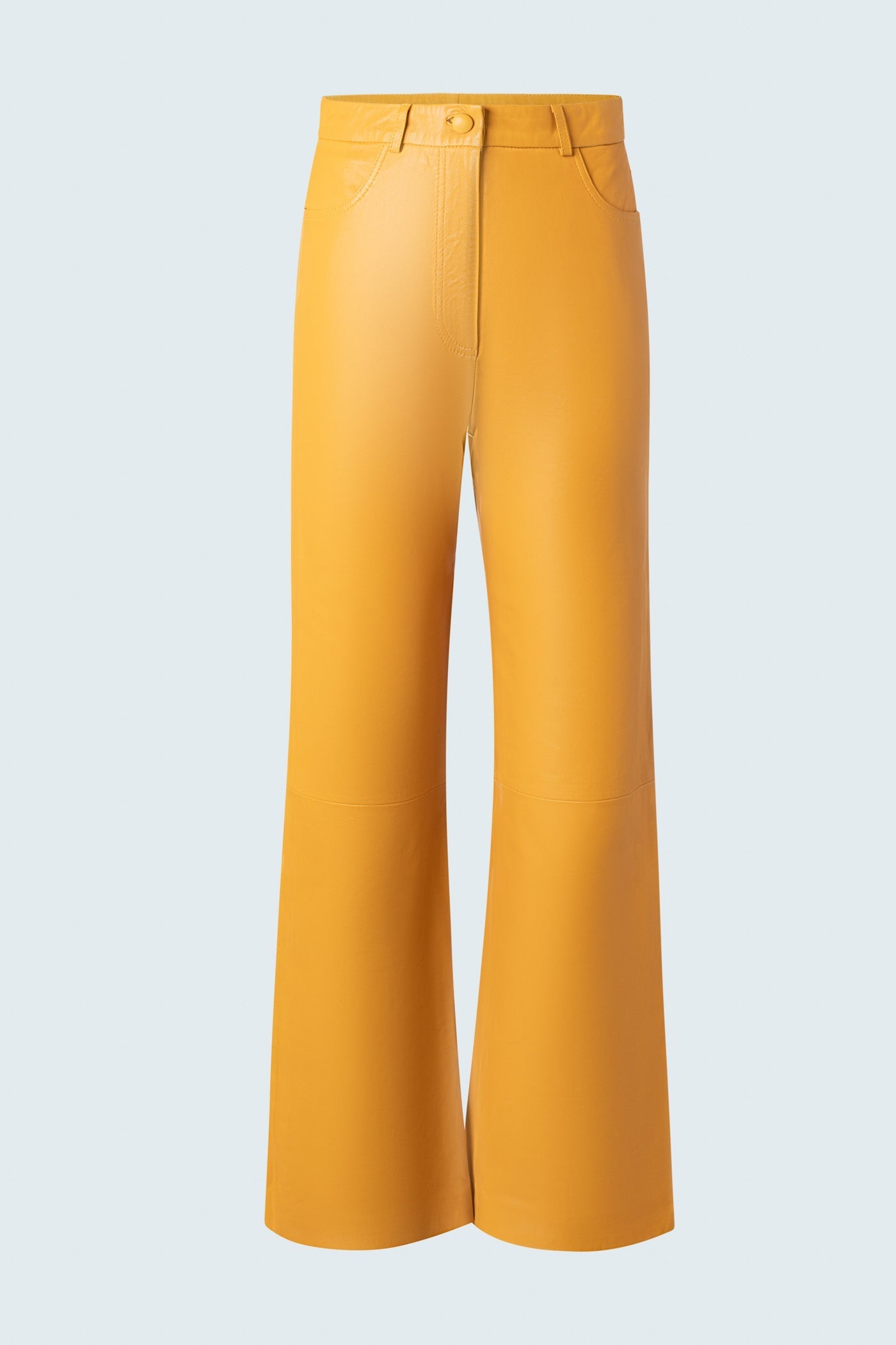 Straight leg leather trousers with cut at hem