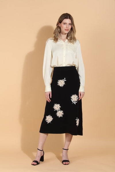 Merino Wool Knit Skirt with Embroidery & Appliqué