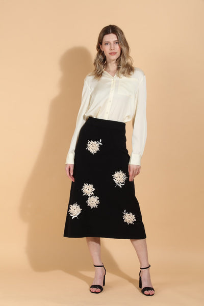 Merino Wool Knit Skirt with Embroidery & Appliqué