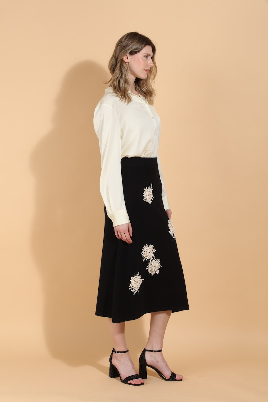 Merino Wool Knit Skirt with Embroidery & Appliqué