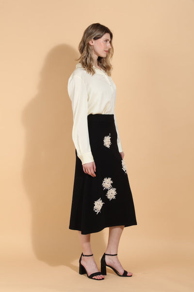 Merino Wool Knit Skirt with Embroidery & Appliqué
