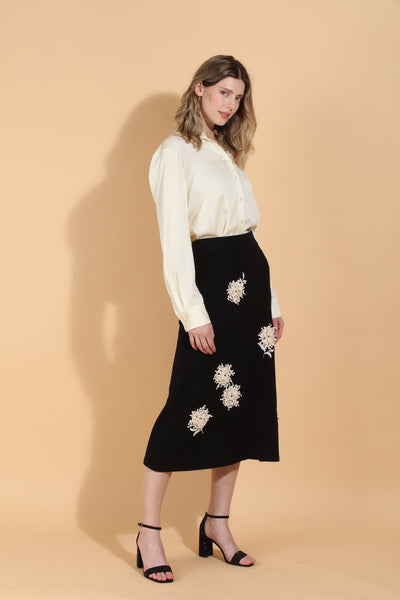 Merino Wool Knit Skirt with Embroidery & Appliqué