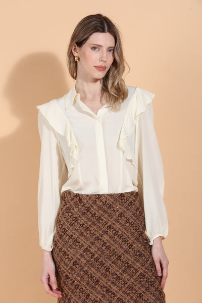 Puff Sleeve Silk Blouse with Ruffle Details