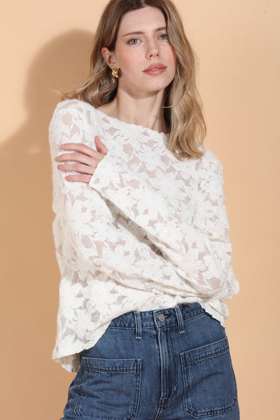 Flower Textured Stretch Top with Back Button Details