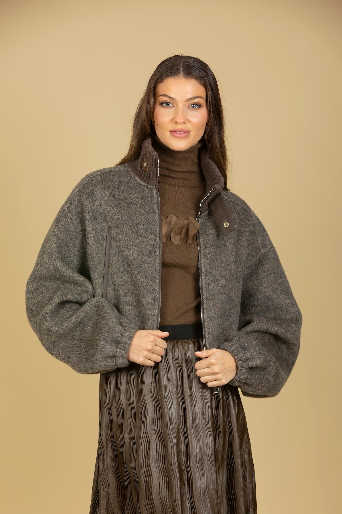 Zipped Short Jacket with Ribbed Neck and Leather Trim