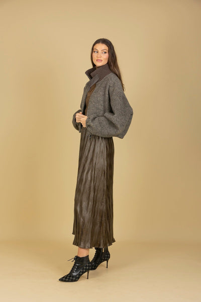 Zipped Short Jacket with Ribbed Neck and Leather Trim