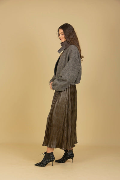 Zipped Short Jacket with Ribbed Neck and Leather Trim