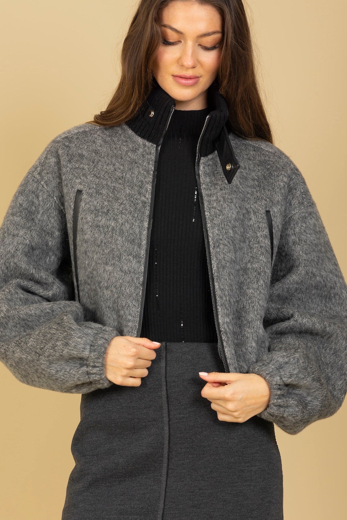 Zipped Short Jacket with Ribbed Neck and Leather Trim
