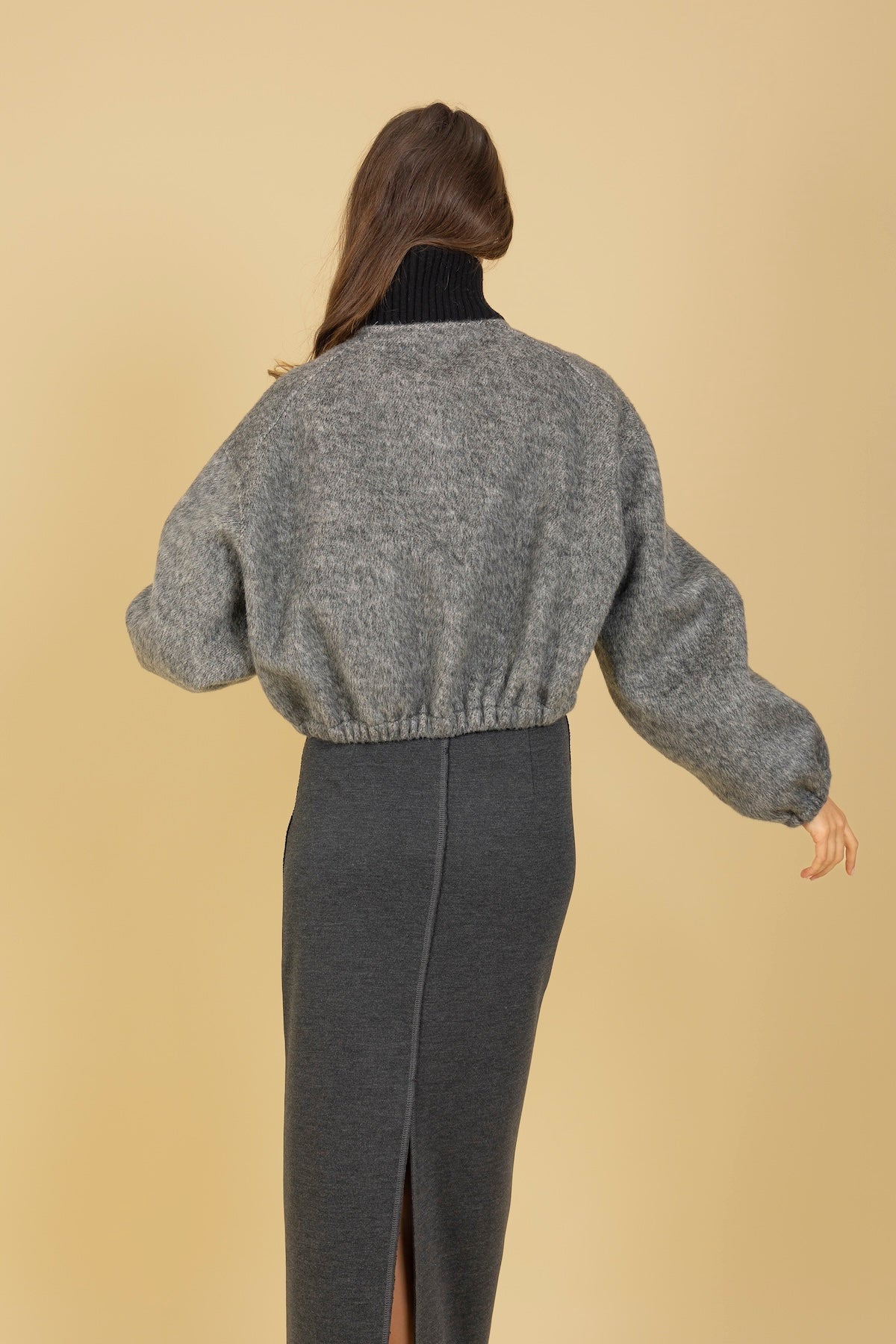 Zipped Short Jacket with Ribbed Neck and Leather Trim