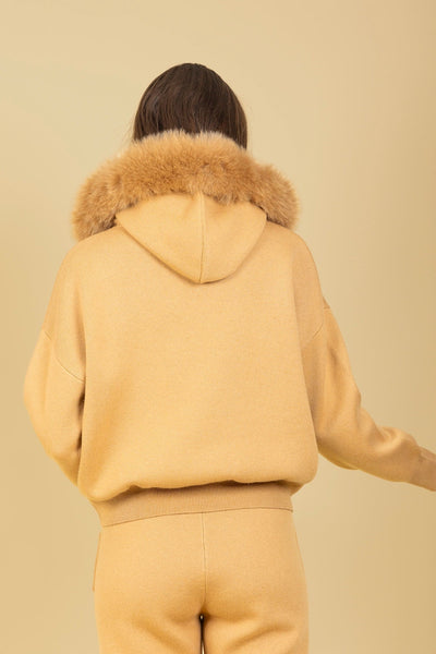 Wool Blended Hooded Sweater with Detachable Faux Fur Trim