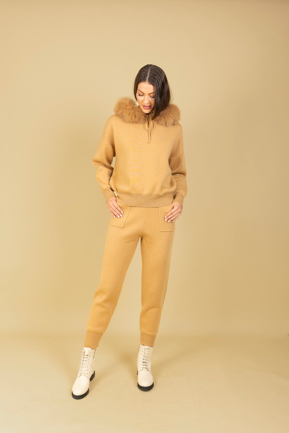 Wool Blended Hooded Sweater with Detachable Faux Fur Trim