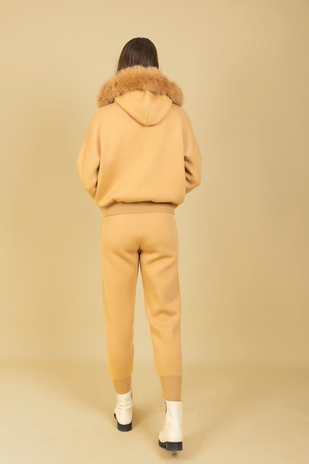 Wool Blended Hooded Sweater with Detachable Faux Fur Trim