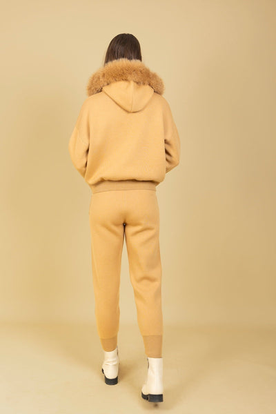 Wool Blended Hooded Sweater with Detachable Faux Fur Trim