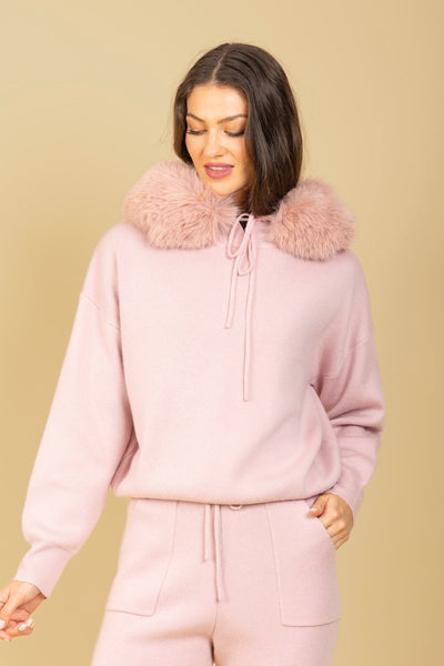 Wool Blended Hooded Sweater with Detachable Faux Fur Trim
