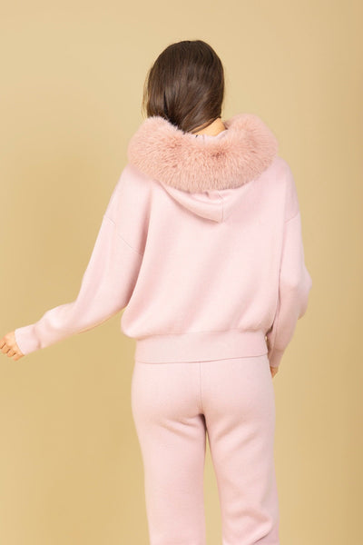 Wool Blended Hooded Sweater with Detachable Faux Fur Trim