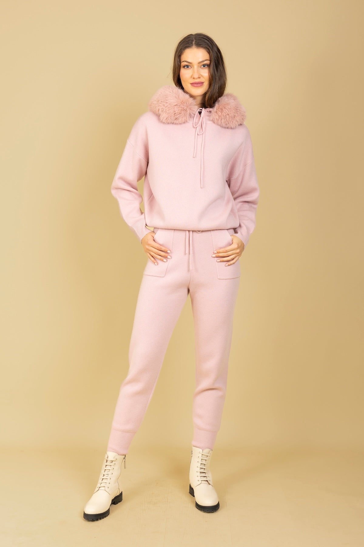 Wool Blended Hooded Sweater with Detachable Faux Fur Trim