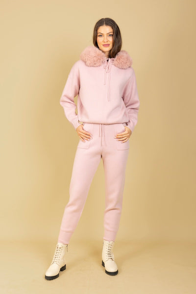 Wool Blended Hooded Sweater with Detachable Faux Fur Trim