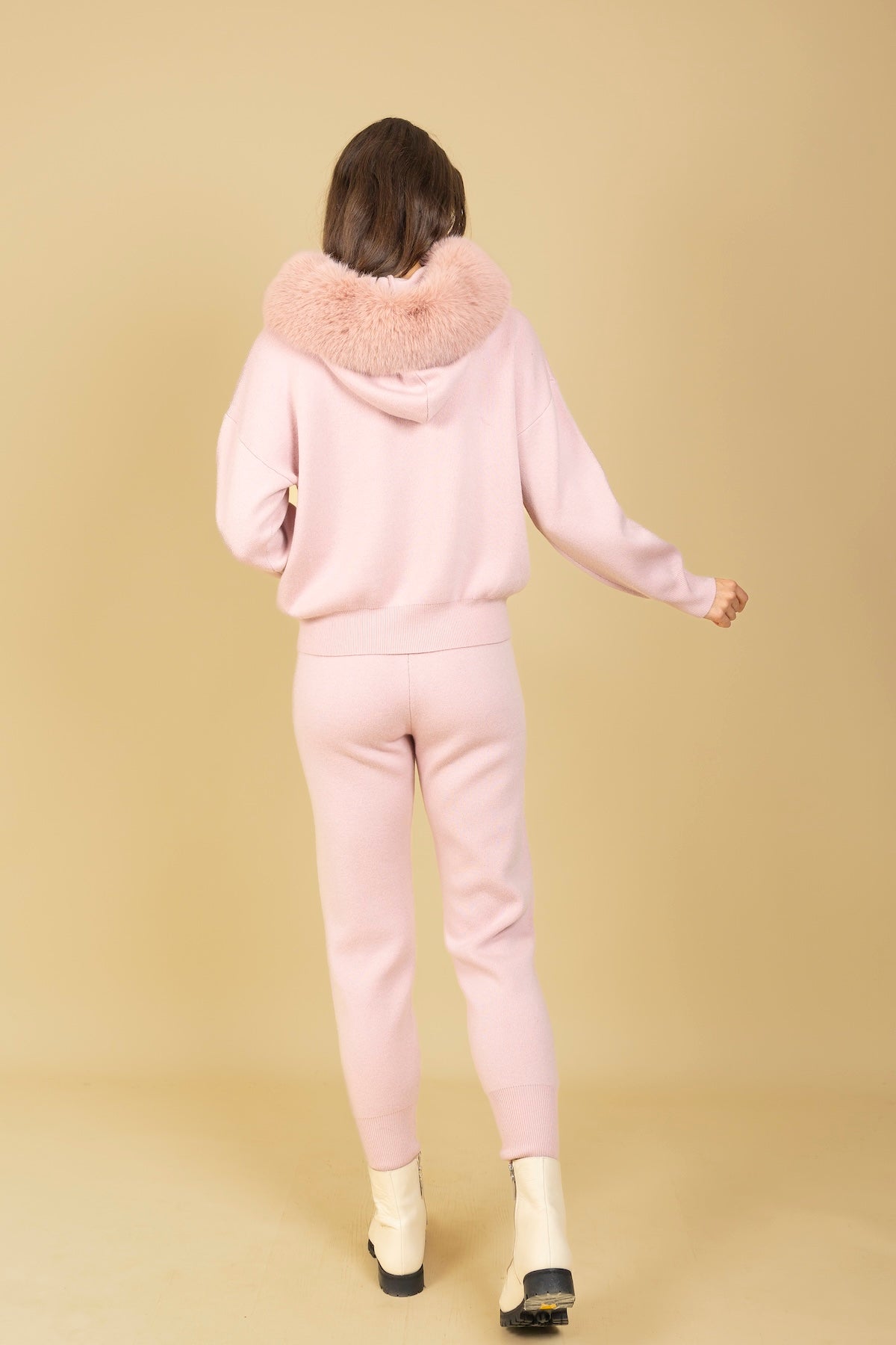 Wool Blended Hooded Sweater with Detachable Faux Fur Trim