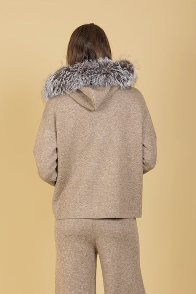 Wool Zip Up Hoodie With Fur Trim in Khaki