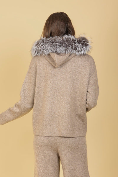 Wool Zip Up Hoodie With Fur Trim in Khaki