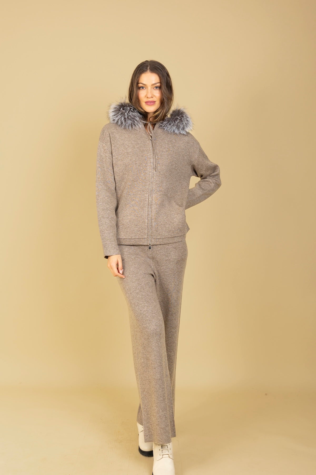 Wool Zip Up Hoodie With Fur Trim in Khaki